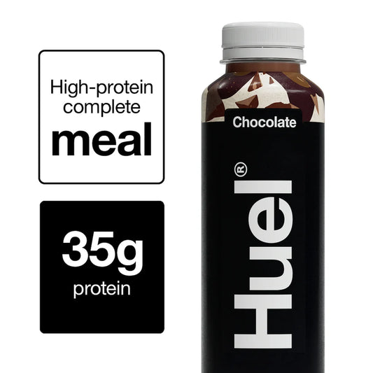 Huel chocolate protein shake bottle with text highlighting high-protein content