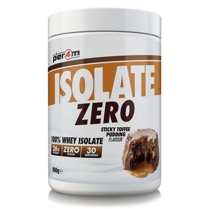 Container of per4m Isolate Zero Sticky Toffee Pudding flavor protein powder