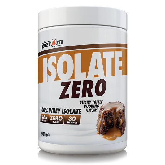 Container of per4m Isolate Zero Sticky Toffee Pudding flavor protein powder